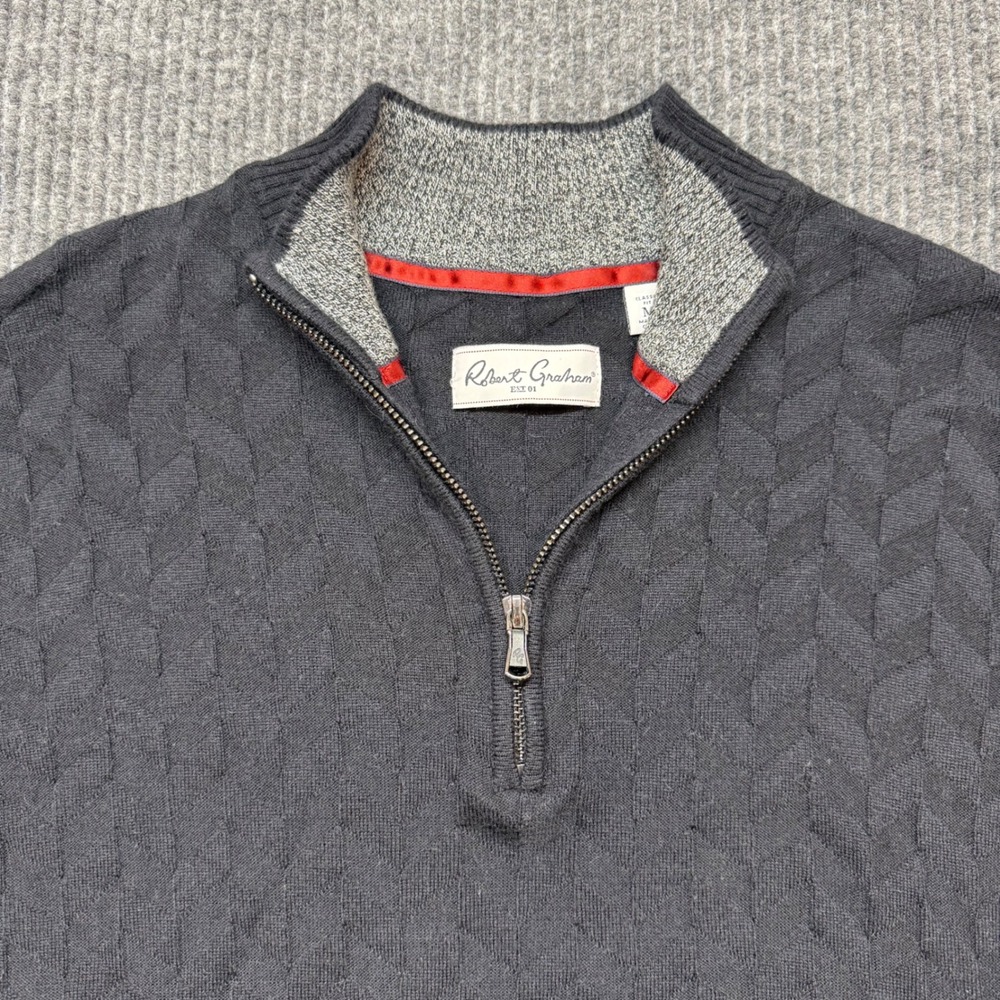 Robert Graham Wool Blend Black Cable Knit Quarter Zip Sweater Medium Luxe - Picture 2 of 12
